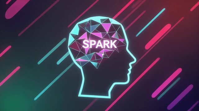 Futuristic animated video clip showcasing a human head silhouette with a polygonal brain structure and the word spark inside, featuring motion streaks