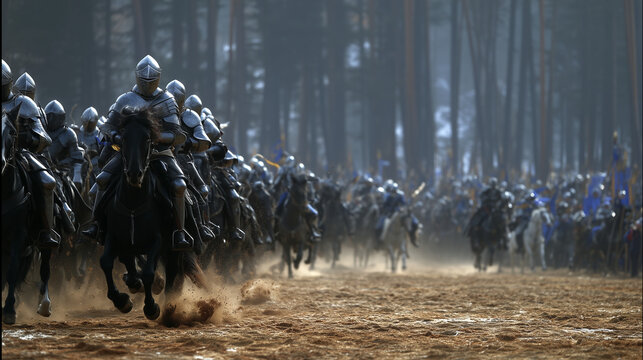Medieval knights on horseback charge fiercely during the Grunwald Battle Reenactment Festival in a dense forest.