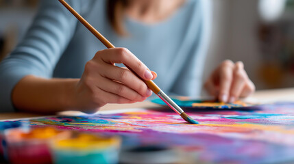 Naklejka premium Close-up of a woman's hands using a palette and brush on a canvas with colorful abstract strokes, contemporary art concept, finger painting hobby, expressive art, defocused