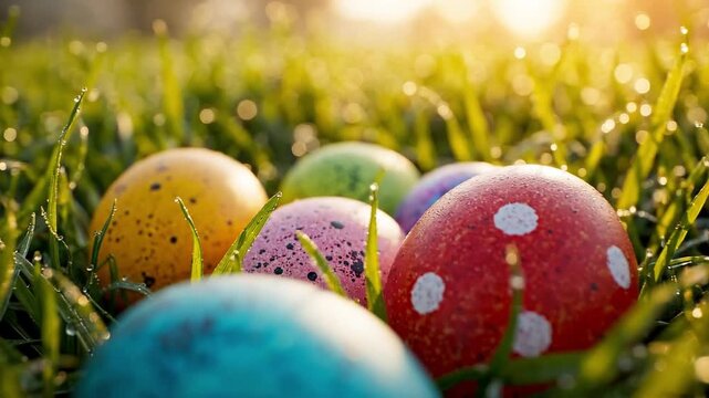 Colorful easter eggs with dew drops in green grass at sunrise or sunset with vibrant blue, red, orange, and green hues