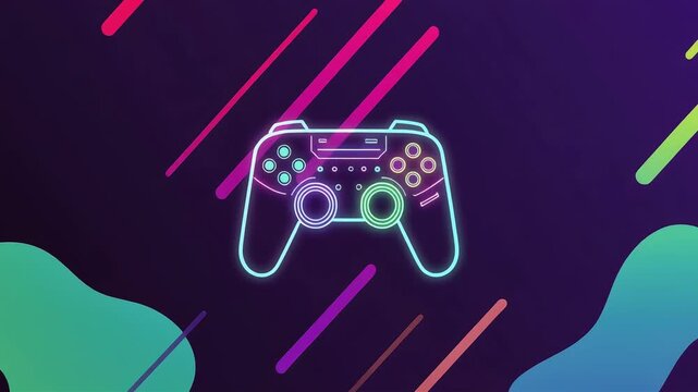 Glowing neon video game controller animation with abstract colorful shapes moving in motion