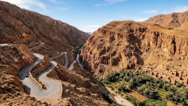 Scenic view of Dades Gorges in Morocco Atlas Mountains, winding valley landscape, desert mountain travel destination, warm tones, clear sky, realistic detail, no logos
