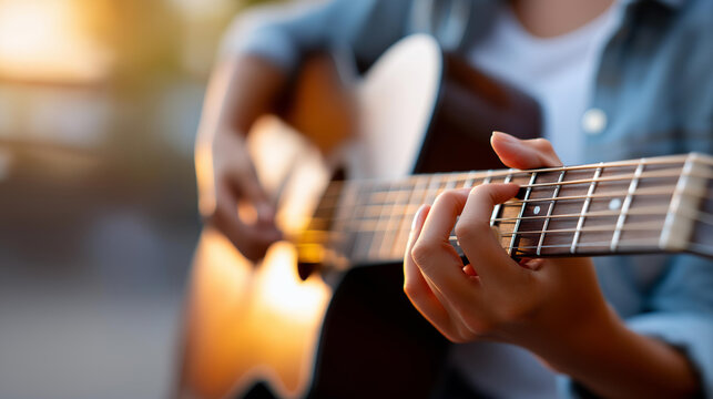 Close-up of acoustic guitar strings with fingers pressing chords in soft warm light, music playing concept, string instrument hobby, musician lifestyle detail, with copy space