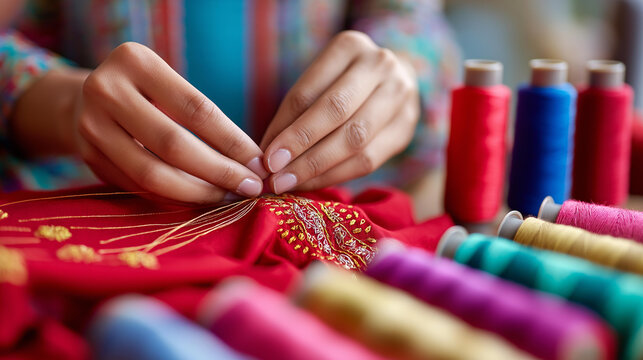 Close-up of hands embroidering red fabric with gold thread, colorful thread spools visible in background, needlework concept, traditional craft hobby, defocused background, with
