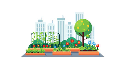 Naklejka premium Urban garden with cityscape background and planters