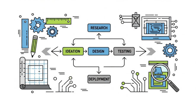 Software development lifecycle diagram with icons and tools.