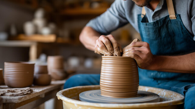Rear view of a male potter shaping a tall clay vessel on a wheel in a ceramics workshop, pottery as hobby concept, artisan craft, studio activity, defocused background, with copy
