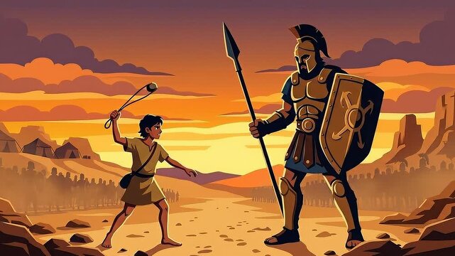 Epic animation video depicting young David standing with a sling against the giant heavily armored warrior Goliath in a dramatic warm desert valley battlefield at sunset showing courage faith battle