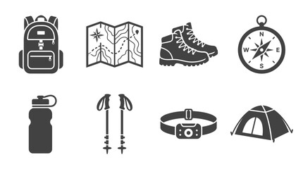 Hiking gear essentials including a backpack, map, boots, compass, water bottle, poles, headlamp, and tent © Kebo