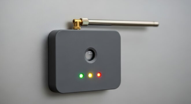 Modern gray proximity sensor module with visible indicator lights and metal pipe connection mounted on a wall