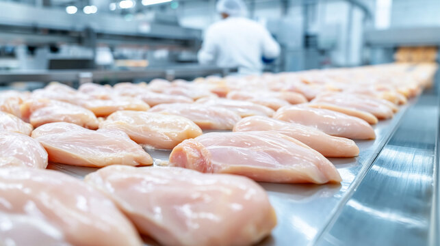 Raw poultry breast fillets moving on conveyor belt inside modern food processing plant. Worker in protective clothing controlling chicken meat production line in butchery facility.