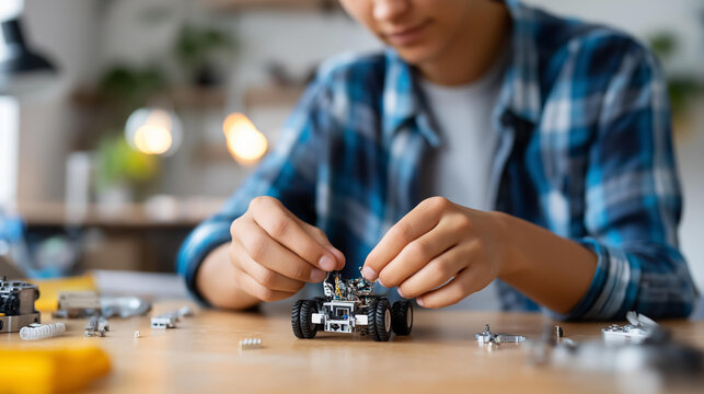 Close-up of hands assembling a miniature vehicle model on a wooden table with small parts spread around, scale model hobby concept, detail craft activity, defocused background,
