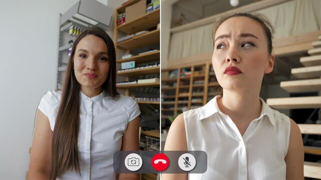 Two students talk on a split screen call. One student listens while the other talks. Different emotions are shown. They discuss their thoughts on school tasks.