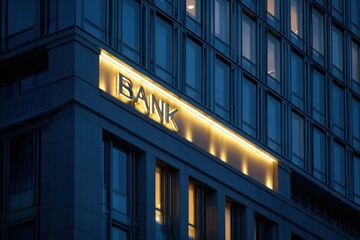 Obraz premium Bank exterior with illuminated sign in evening