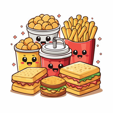 Cute kawaii fast food combo meal characters vector illustration with fastfood sandwich characters junkfood delicious illustration colorful restaurant appetizing expression friendly snacking