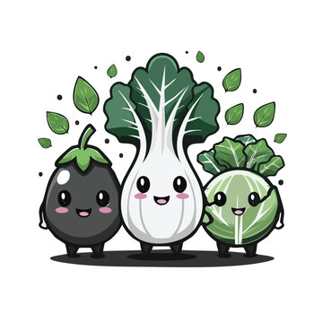 Cute kawaii style vegetable characters with smiling faces including eggplant and cabbage vegetables characters eggplant illustration vegetarian nutrition agriculture culinary vitamins