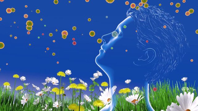 3d animation of a human head with moving hair. Next to flowers, plants, and pollen floating in the air that trigger spring allergies. Realistic and transparent graphic style.