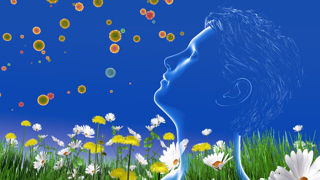 3D illustration of a human head with moving hair. Next to flowers, plants, and pollen floating in the air that trigger spring allergies. Realistic and transparent graphic style on a blue background.