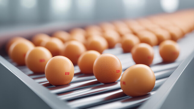 Fresh brown eggs moving on industrial conveyor belt. Automated poultry farming and food production process at factory. Modern agriculture technology for egg sorting and distribution.