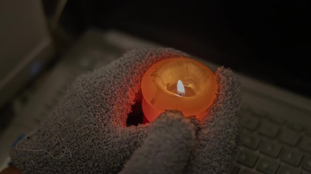 Gloved hands holding a burning orange candle over a laptop keyboard in the dark