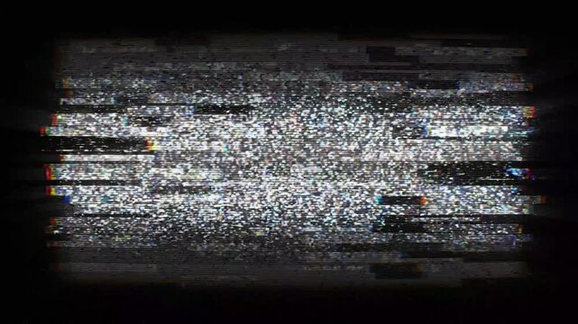 A distorted television screen displaying a chaotic pattern of colorful pixels and static noise on a dark background with no clear object or subject visible