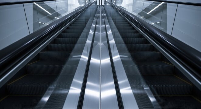 Reflective metal escalator side panels leading upwards in a modern architectural setting