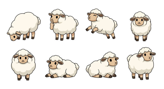 Cartoon Sheep Characters in Various Poses.