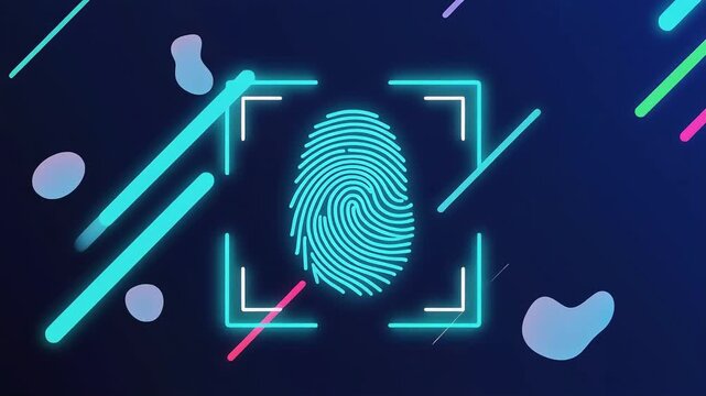 Digital fingerprint scanning animation with neon glowing lines and abstract shapes in motion, symbolizing secure biometric identification and access control technology video.