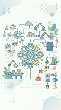 automation process illustration, gears and abstract elements, minimal flat design