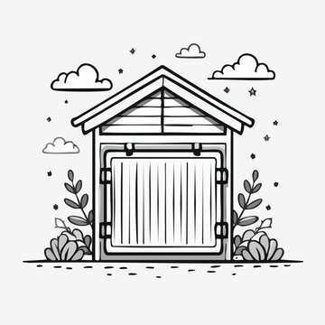Small backyard garden shed outline vector illustration with backyard building structure exterior architecture outbuilding minimalist property residential construction illustration isolated