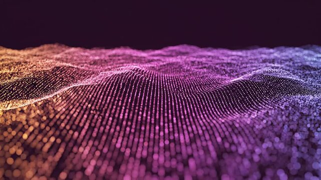 Dynamic abstract digital wave pattern representing big data analysis and sound visualization, with glowing particle formations creating an futuristic energetic technological landscape