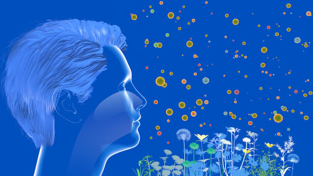 3D illustration of a human head with hair. Highlighting the upper respiratory system (ENT). Next to flowers, plants, and pollen floating in the air that trigger spring allergies. 
