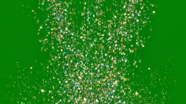 Realistic colorful confetti rain falling from explosion explosion, party celebration animation isolated on green background with metallic sparkling confetti particles 4K slow motion overlay