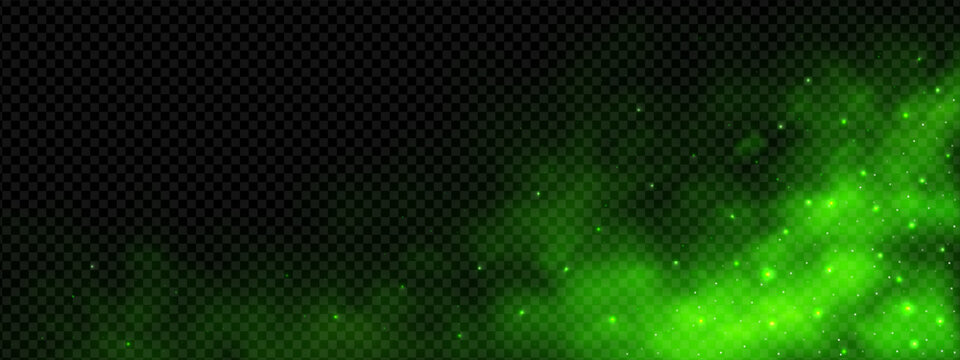 Smoke and smell cloud magic green background for halloween effect. Sparkle and particle poison powder light gas and fog glitter bolt. Nebula of lightning and fire paint dust neon haze and bright