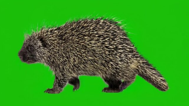 Porcupine animal isolated on green background for vfx projects video