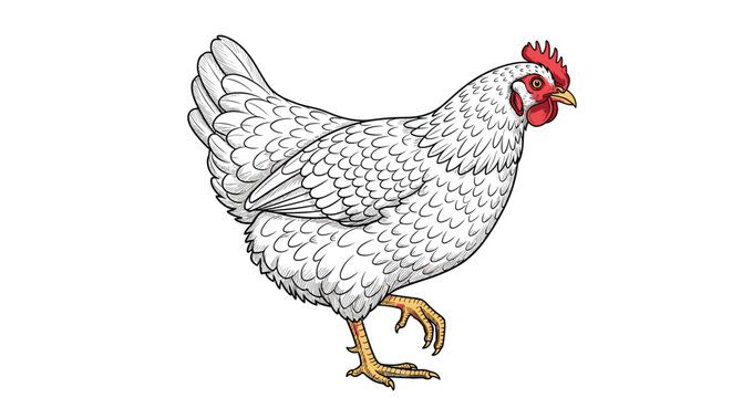 Hand drawn illustration of a white chicken standing on one leg with a red comb and yellow beak on a white background.