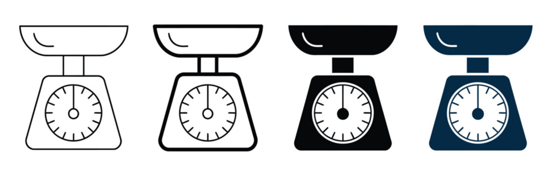 Kitchen scale icon collection with editable stroke in outline flat vector, minimal kitchen weighing device symbols set, cooking measurement precision tools illustration for recipe apps menus and food 