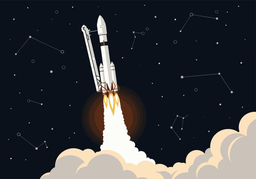 Space shuttle launching into starry night sky with smoke