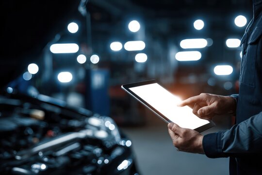 Mechanic holding diagnostic tablet near car engine