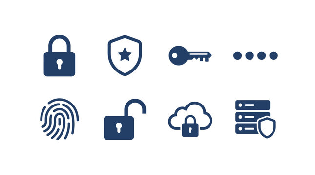 Collection of security icons representing lock, key, fingerprint, and cloud storage
