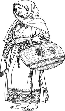 Bohemian Amazigh woman with traditional woven basket and olive branch line