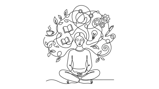 Continuous line art of a woman meditating with a busy mind full of ideas.