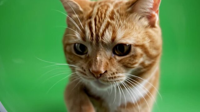 Curious Domestic Cat Sniffing Lens Close Up, Chroma Key Green Screen 4K