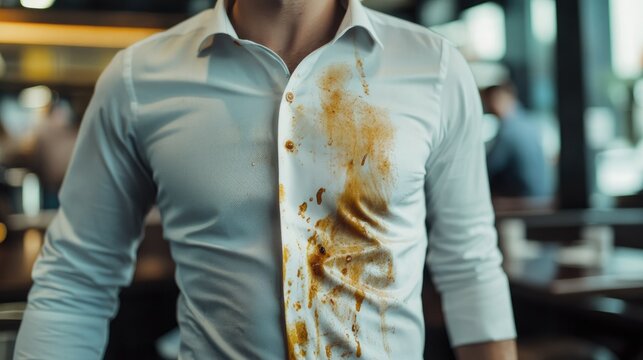 Clumsy Individual with Stained White Shirt in Casual Dining Setting Portraying Frustration and Embarrassment After Food Spill in Restaurant
