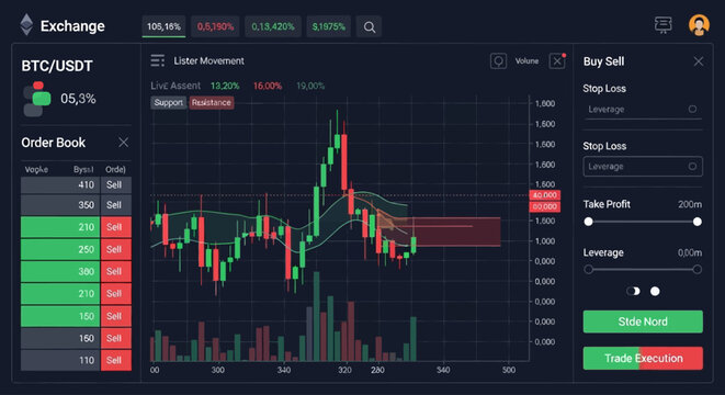 Cryptocurrency trading interface showing BTC to USDT exchange with candlestick chart and order book.
