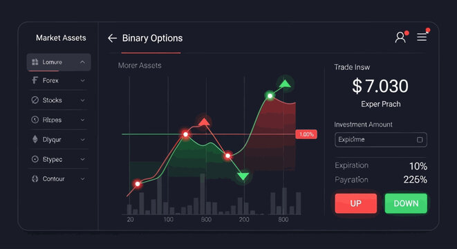 Digital interface displaying binary options trading with financial graph and statistics.