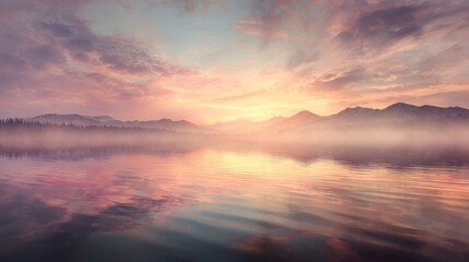 Fototapeta premium Still mountain lake reflecting sky at sunrise, peaceful cinematic landscape, realistic nature scene