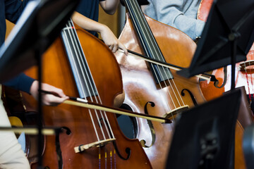 Close-up of musicians playing double bass instruments with bows during an orchestra or ensemble class, music stands visible in foreground © Michael