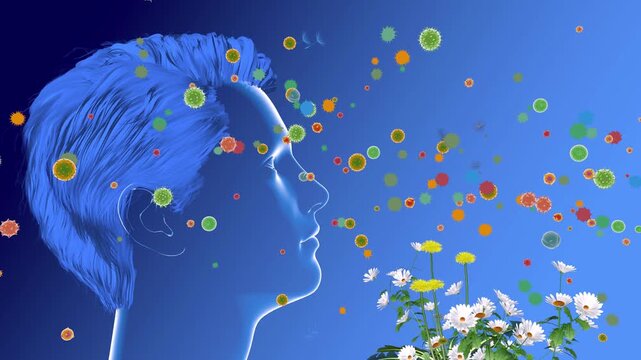 3d animation of a human head in profile with moving hair. Next to flowers, plants, and pollen moving in the air that trigger spring allergies. Realistic and transparent graphic style.