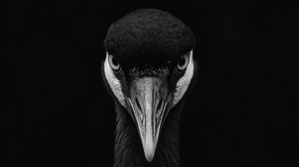 Fototapeta premium Close-up black and white crane portrait against black background